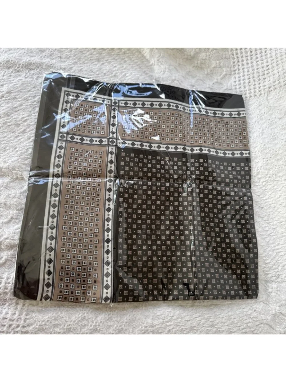 Elan 36” Square Scarf Geometric Silky Handkerchief Black Brown Cream NEW